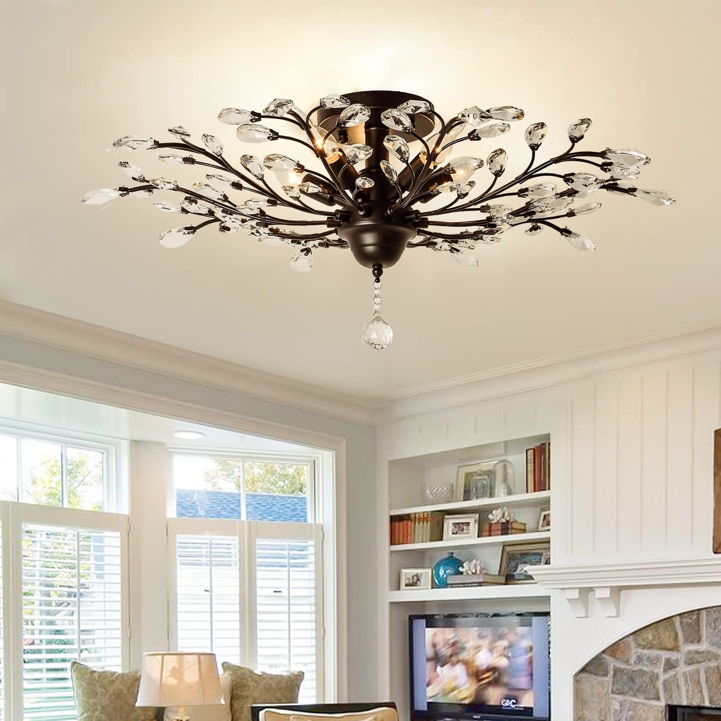 Garwarm 5 Lights Vintage Crystal Chandeliers Ceiling Lights LED Light K9 Clear Crystal Pendant Lighting Ceiling Light Fixtures Chandeliers Lighting for Living Room Bedroom Restaurant Porch (Black)