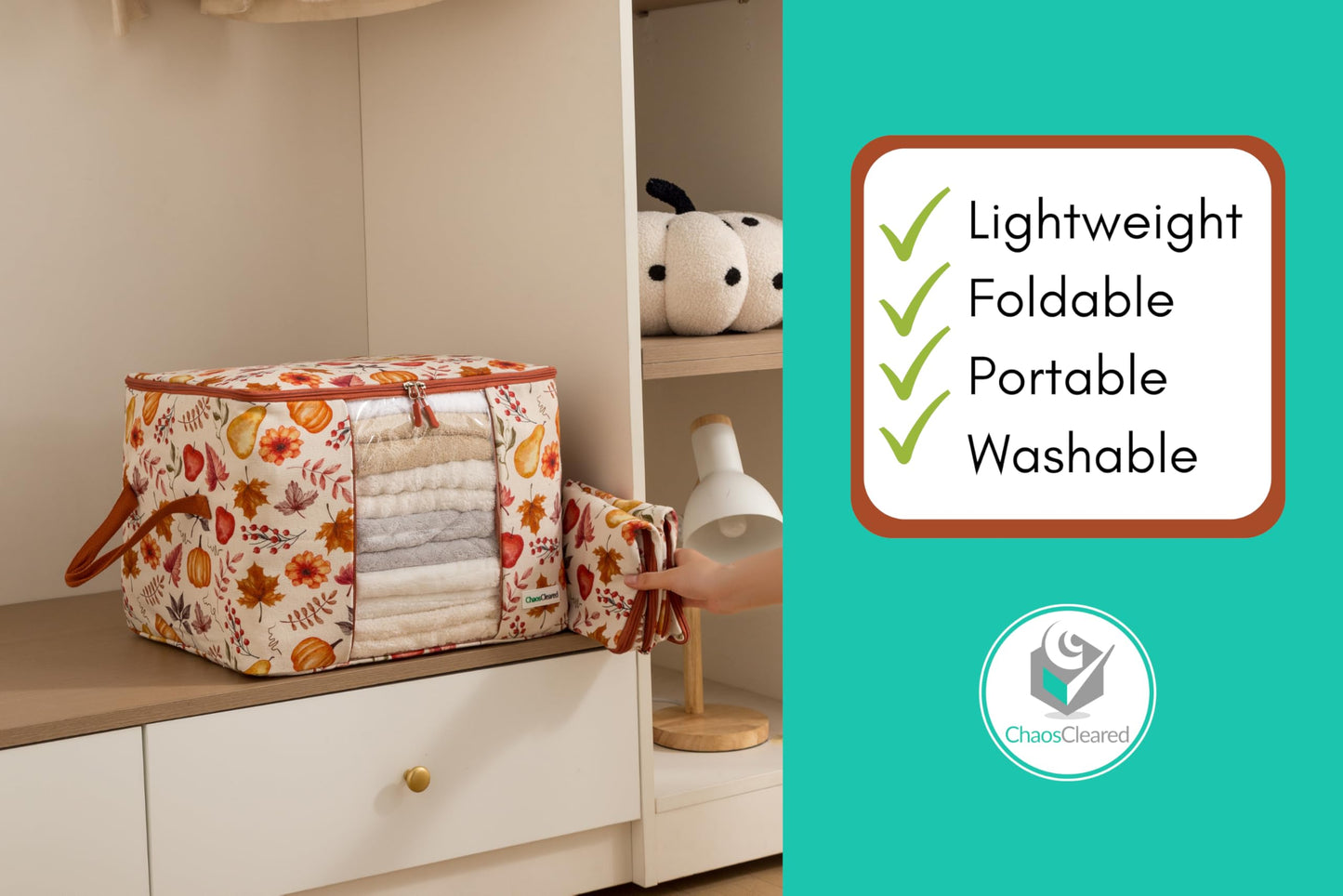 Chaos Cleared Canvas Storage Bags Designer Organizer 2 Pack – Seasonal Storage for Sweaters, Blankets, Linens & Garments – Foldable Design with Zip & Window (Autumn Print)