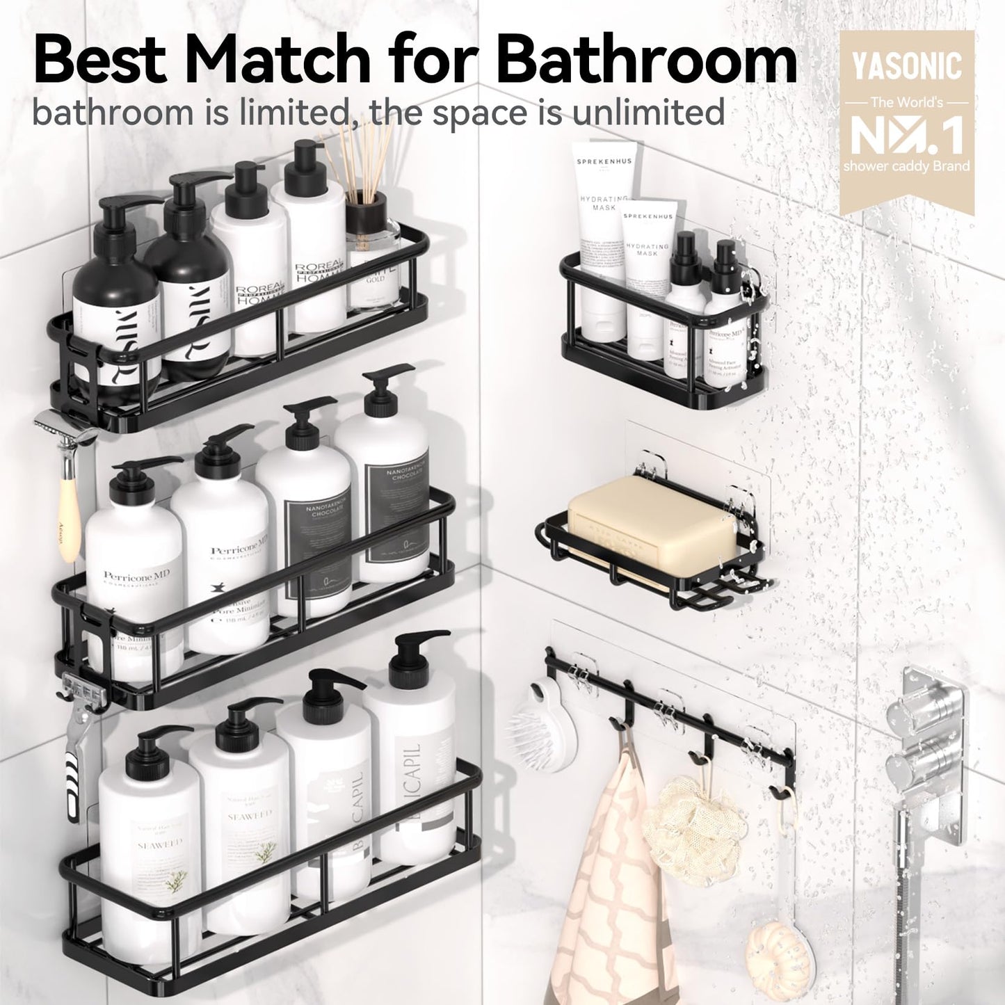 YASONIC Shower Caddy, 100% Rustproof Shower Shelves for Inside Shower, No Drilling Bathroom Organizers and Storage, 6 Pack Large Capacity Bathroom Shelves for Kitchen & Home Decor