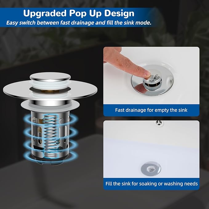 Hibbent 3 Pack Upgraded 3 in 1 Bathroom Sink Drain Strainer, Universal Pop Up