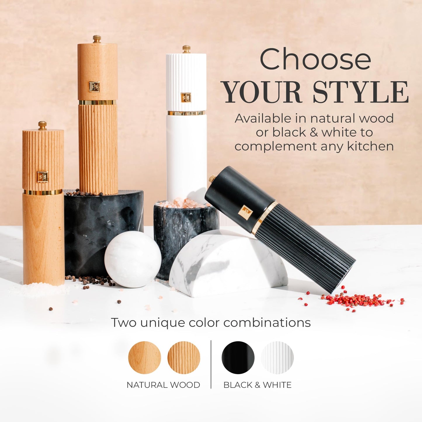 Wooden Salt and Pepper Grinder Set – Refillable Manual Salt and Pepper Mills with Adjustable Ceramic Burrs, Gold Detailing, and Wood Stand