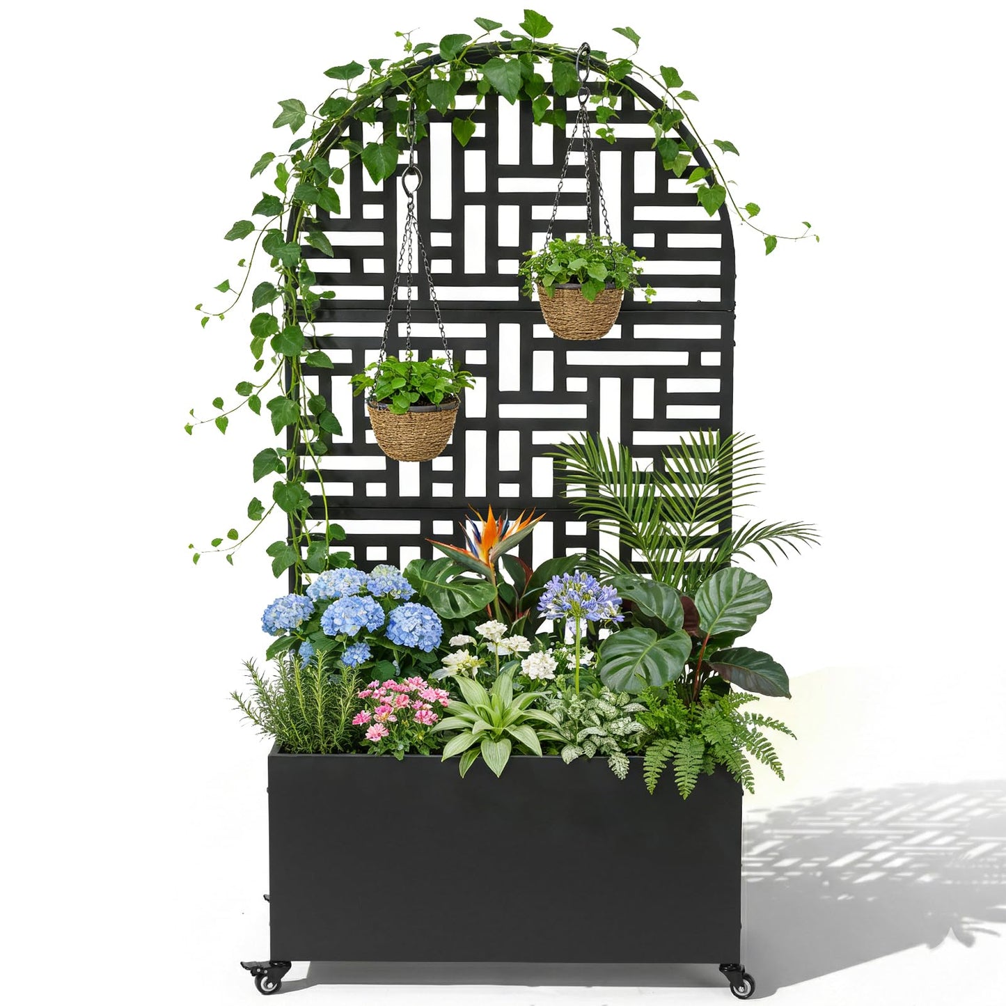 VINGLI 71″H Metal Raised Garden Bed with Trellis and Wheels, Outdoor Planter Box with Drainage Holes for Climbing Plants, Vegetables and Vines, Privacy Screen, for Patio, Backyard and Balcony, Black