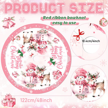 Pink Christmas Tree Skirt Merry Christmas Decoration Snowman Decoration 48 Inch Tree Skirt for Festival Party Decor Indoor Outdoor