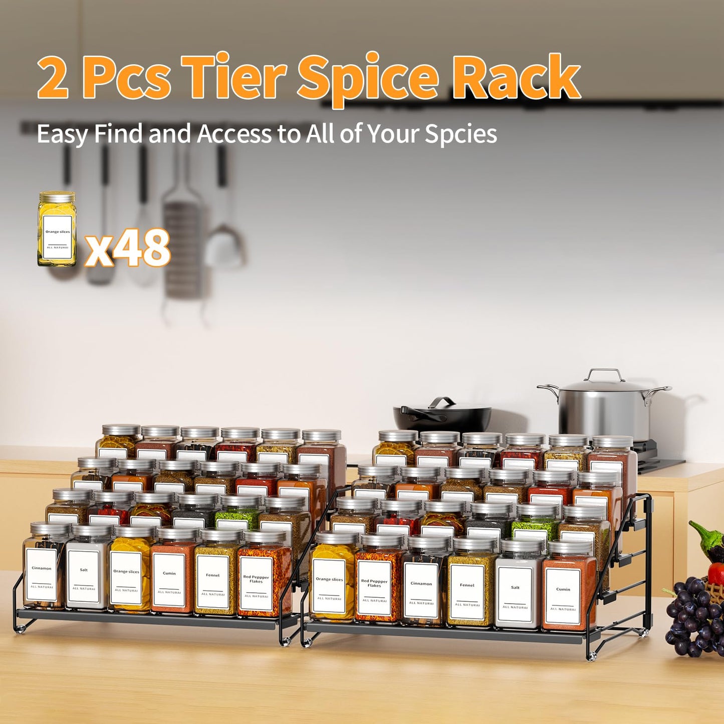 4 Tier Spice Rack for Cabinet, Spice Rack Organizer, Depth Adjustable Spice Holder for Countertop, Cupboard, Pantry, Seasoning Shelf, Metal, Black (1 Pack)