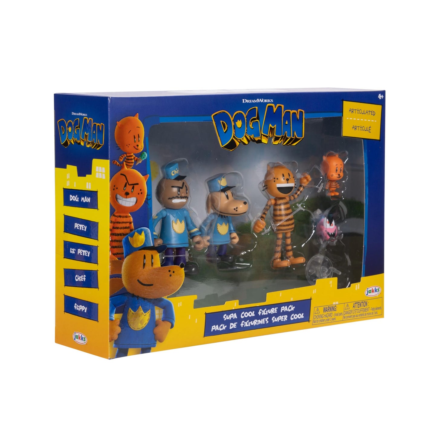 Dog Man Movie Action Figures Multipack Set by Jakks Pacific, Includes 6.3 cm Articulated Scale Figures - Inspired by the Dog Man Movie Toys, Lil Petey, Petey, Chief, and Flippy!