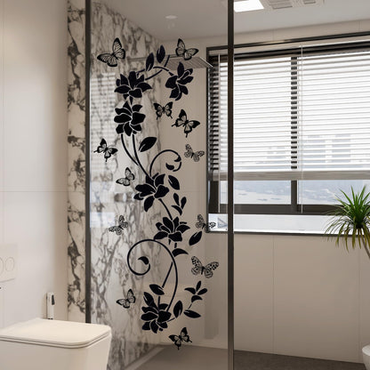 Heclia Black Flower Vine Butterfly Wall Stickers Art Design Wall Sticker Anti-Collision Window Vinyl Sticker Butterfly Glass Door Walls Decor for Bathroom Bedroom Kitchen Home Decorations