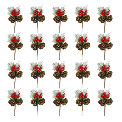CXLHO 20PCS Christmas Floral Picks, Artificial Christmas Tree Picks and Sprays, Faux Cedar Pine Needles Branches with Red Berry Stems and Pine Cones for Crafts DIY Garland Holiday Wreath