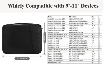 TiMOVO 9-11" Tablet Sleeve for iPad 11-inch A16 2025, iPad 10th Gen. 10.9"/10.2"/ Air 11/5th/4th Gen. 10.9", Galaxy Tab A9 Plus 11", Protective Bag with Pockets, Black