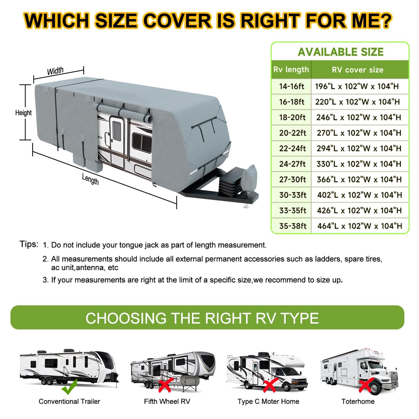 DenForste RV Cover 33-35ft, Travel Trailer Heavy Duty Extra-Thick 8 Layers Anti-UV Waterproof Windproof Camper Cover with Tongue Jack Cover, Extra Windproof Ropes, Gutter Covers