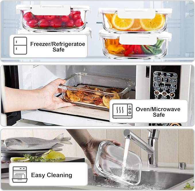 VERONES 5 Pack 36 OZ Glass Meal Prep Containers, Airtight Glass Lunch