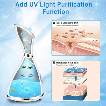 Face Steamer for Facial Deep Cleaning Nano Ionic Face Steamer Warm Mist Humidifier Face Steamer Home Sauna SPA Face with 4 Piece Stainless Steel Skin Kit,Hair Band,Wash Face Sponge
