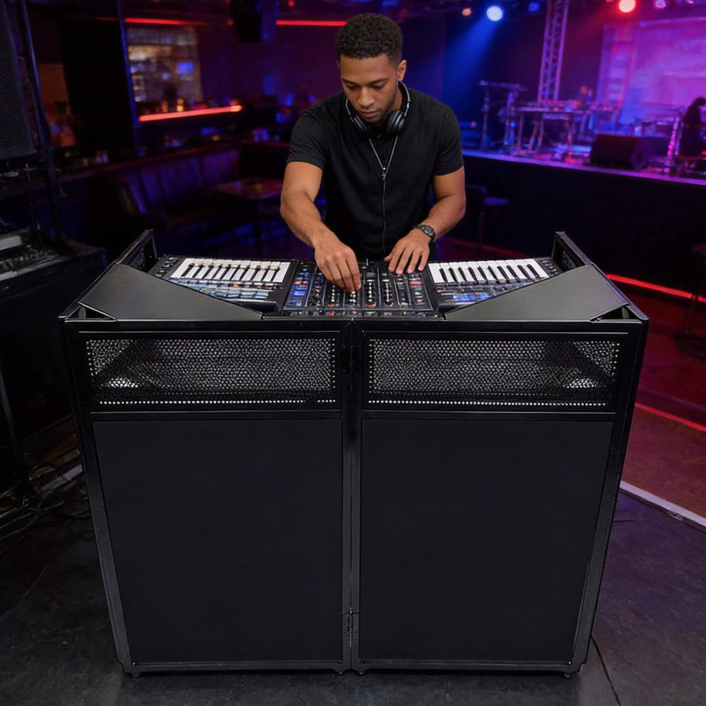 2026 Upgraded DJ Booth Stand Portable – 45"L x 25"W Foldable DJ Facade Booth with Dual Corner Panels, Wheels, Mobile DJ Controller Stand with Scrim & Carry Bag for Weddings, Parties & Events