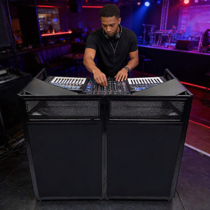 2026 Upgraded DJ Booth Stand Portable – 45"L x 25"W Foldable DJ Facade Booth with Dual Corner Panels, Wheels, Mobile DJ Controller Stand with Scrim & Carry Bag for Weddings, Parties & Events