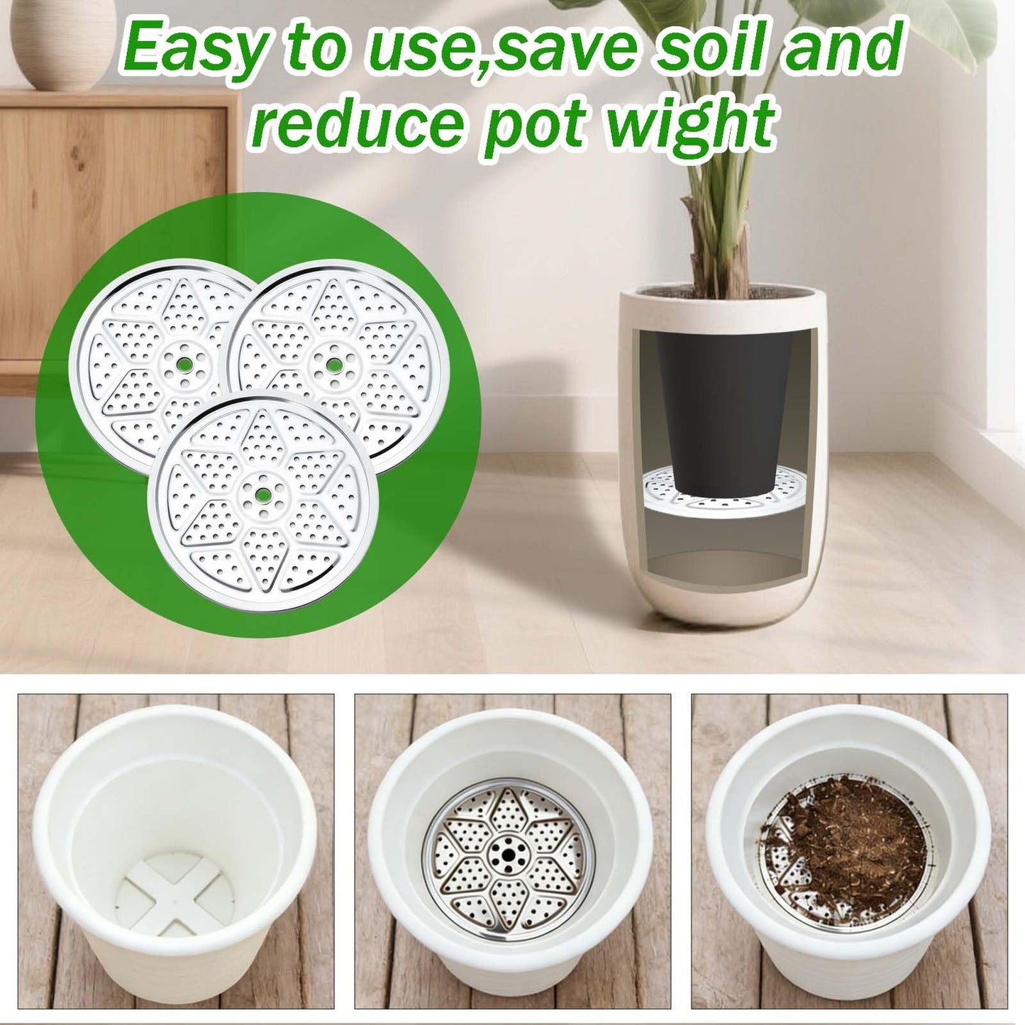 3PCS Round Planter Inserts for Large Tall Pots, 13" Stainless Steel Flower Pot Lift Insert Portable Planter Accessories Circular Plant Risers for Inside Pots with Drainage Hole, Use Less Potting Soil