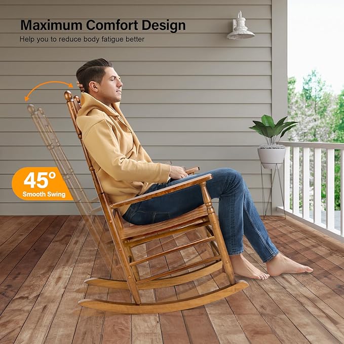 VINGLI Wooden Rocking Chair, Outdoor Chair with 450 lbs Support, Relaxing Rocker with Solid Wood High Back Seat Reclining Seat for Deck, Garden, Backyard, Porch, Indoor or Outdoor Use (Teak, 1PC)