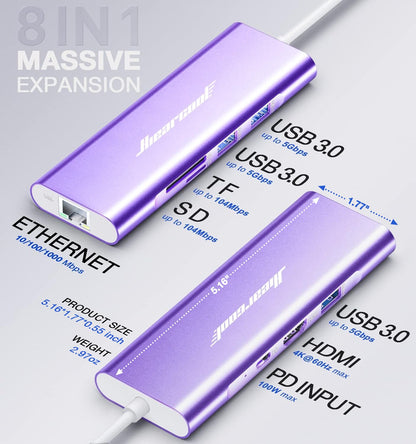 Hiearcool USB C Hub Ethernet,4K@60 USB-C to HDMI Hub,8in1 Multi-Port USBC Adapter Type C Dock Dongle Compatible for MacBook Pro Air iPad Dell Lenovo