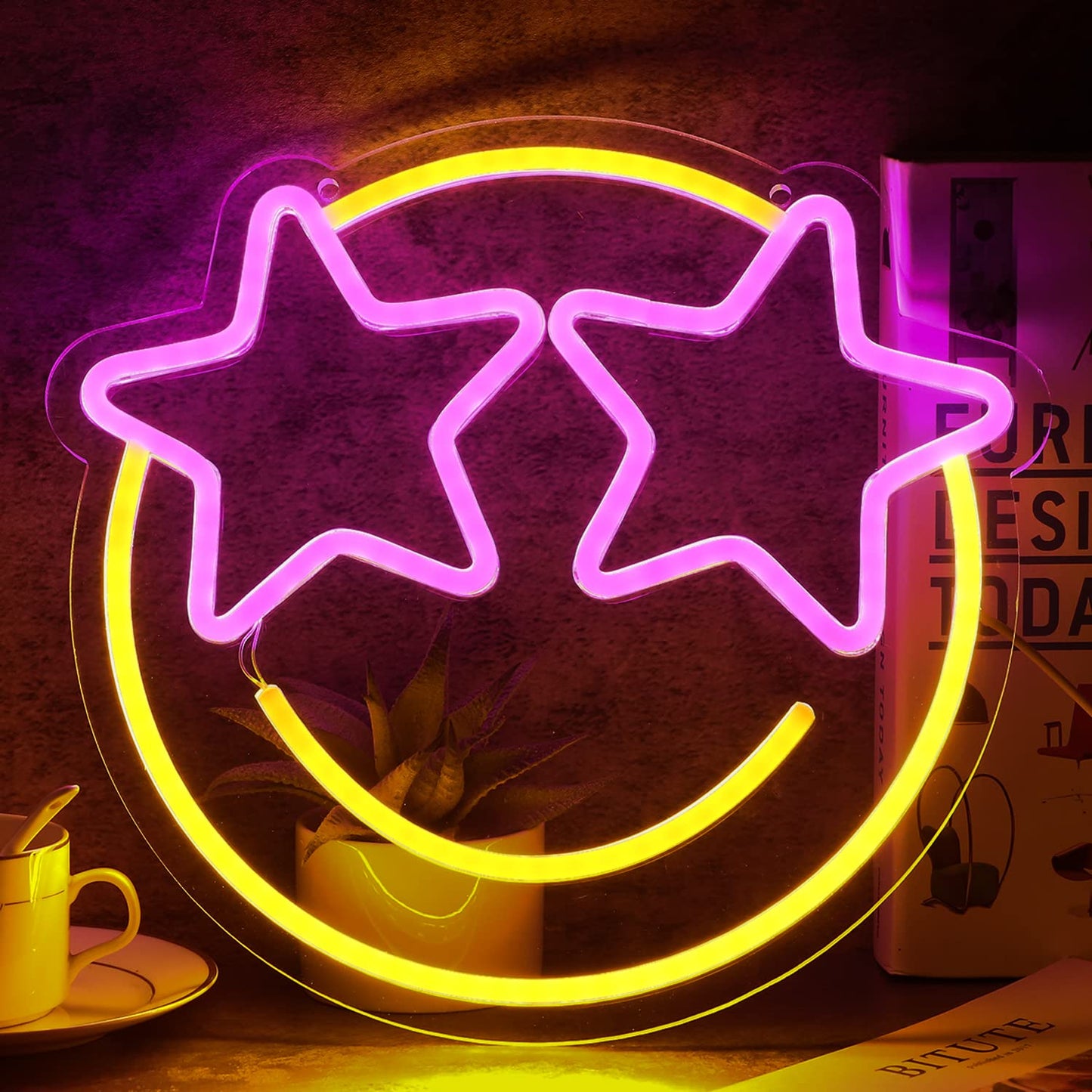 Wootfairy Led Lights Wall Decor: 12.2 * 11.41 in Dimmable Smiley Face Neon Sign for House Bedroom Game Room Classroom Bar Decoration - Yellow and Pink Light Up Signs Gifts for Wedding Birthday Party