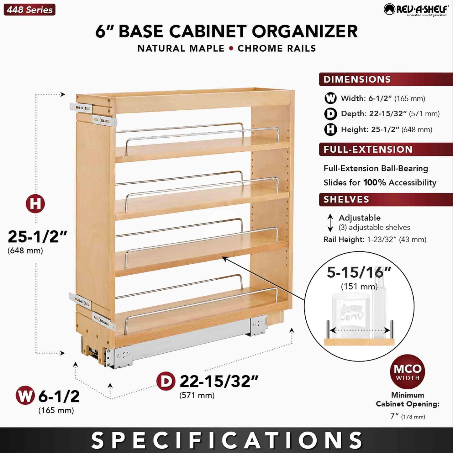 Rev-A-Shelf 6.5" Pullout Kitchen Cabinet Storage Organizer Slide Out Pantry Spice Rack with Adjustable Shelves, Natural Maple, 448-BC-6C