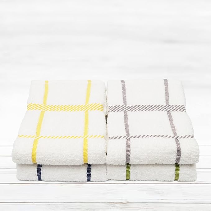 100% Cotton Terry Dish Towels, 4 Pack Checks, 16 x26 Inches, Super Soft and