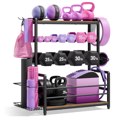Gym Home Equipment Weight Rack – 3‑Tier Workout Storage Stand for Dumbbells & Kettlebells, Medicine Ball Holder, Steel Organizer with Side Basket, Hooks