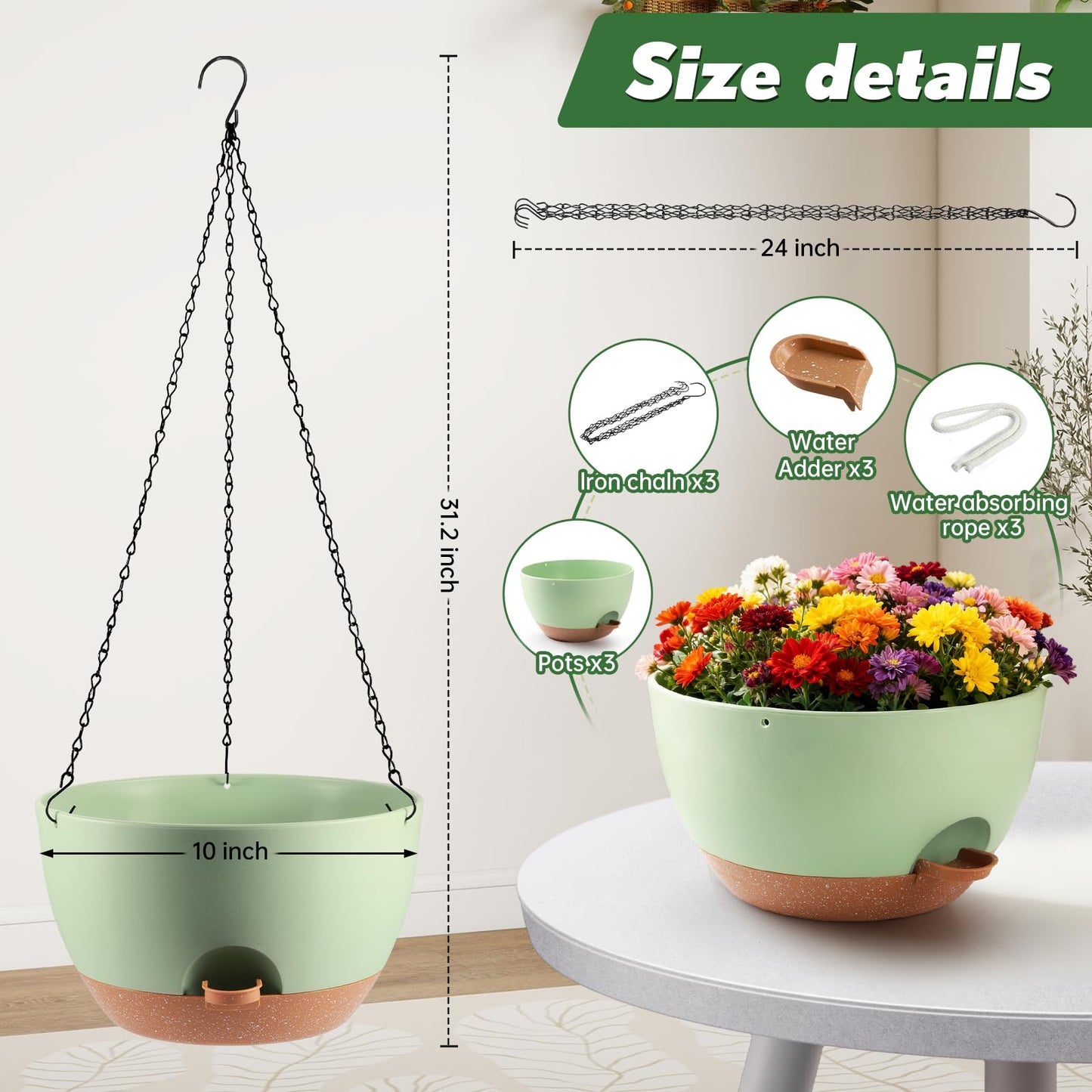 WUCEIAUU 3-Piece Set of 10-Inch Hanging Planters with Automatic Watering System and Drip Tray, Includes Metal Chain, Suitable for Various Indoor and Outdoor Plants and Flowers, Green Brown