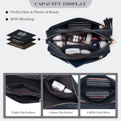 Roulens Triple Zip Small Crossbody Bag for women,Wide Strap Cell Phone Purse Shoulder Handbag Wallet with Credit Card Slots