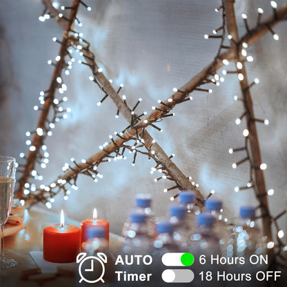 BSGlobal Battery Cluster String Lights 2 Pack Total 20Ft 400 LED String Lights with Timer 8 Modes Firecracker Christmas Lights Outdoor Waterproof for Tree Home Decor (Cool White)