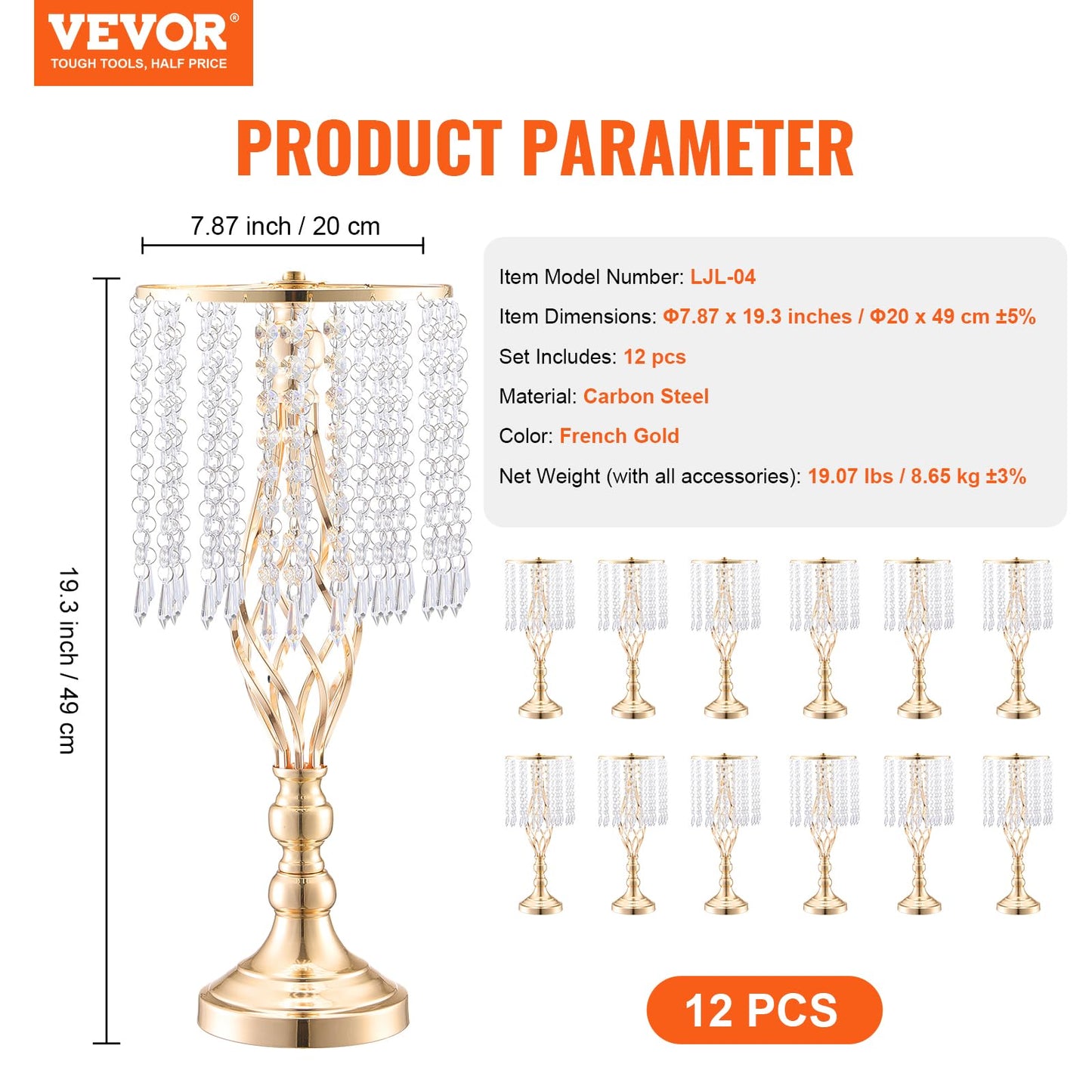 VEVOR Metal Wedding Centerpiece Gold,Crystal,12PCS 49cm/19.3”