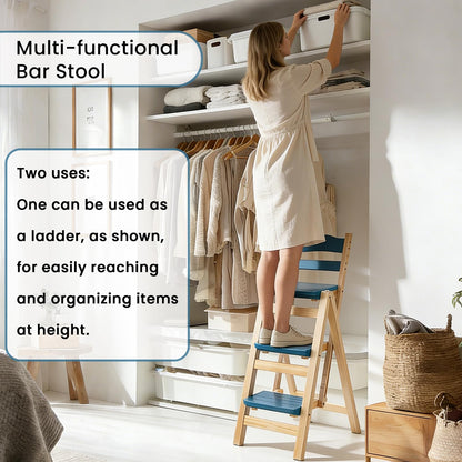 Wooden Folding Step Stool Chair, Solid Pine Wood 3-Step Ladder Stool with Seat, Multi-Purpose Step Chair for Kitchen, Home, Pantry or Bar Use(White)