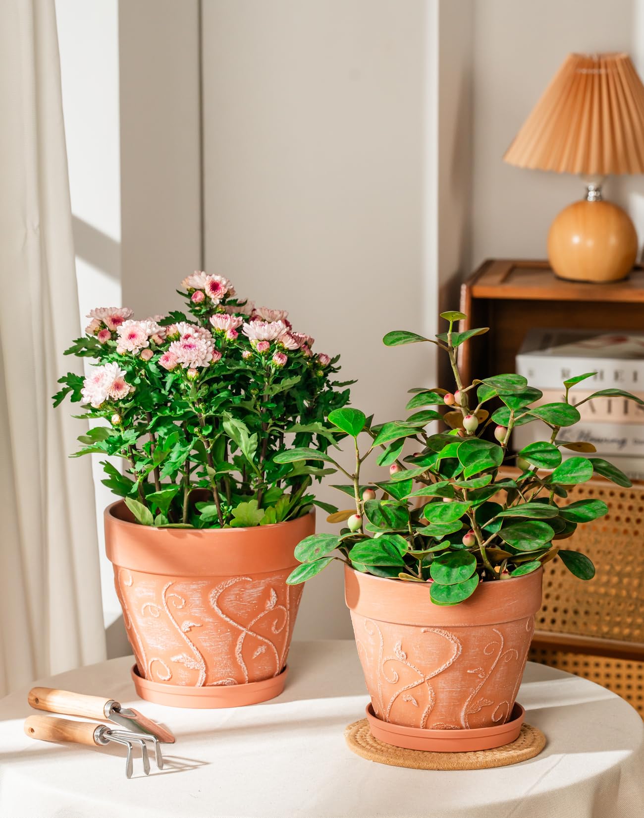 Melphoe Plant Pots Indoor with Drainage & Saucer, 2Pack 7/8 inch Flower Pots Outdoor Planters for Indoor Plants Garden Home Decor Cactus Succulent, Rigid Plastic (Imitation-Terracotta) Vine-Embossed