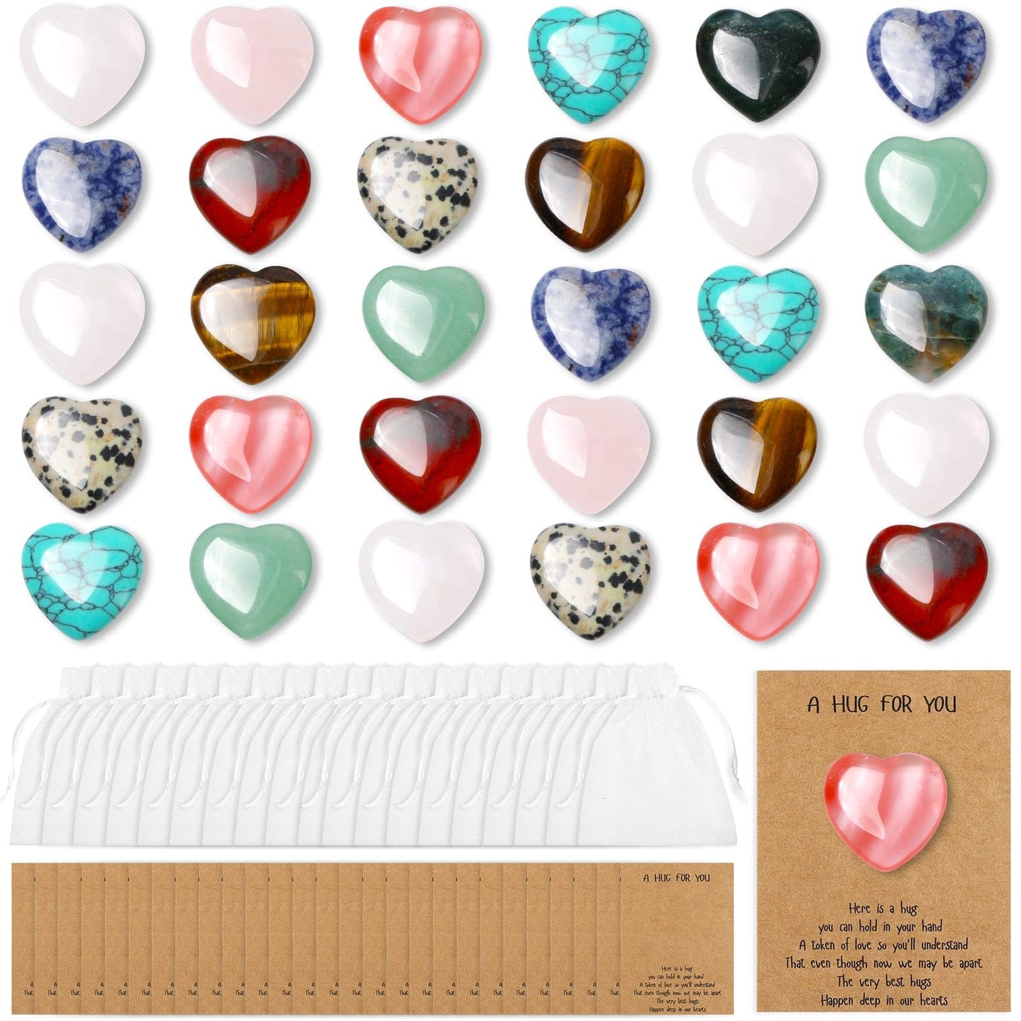 30 Pcs Heart Crystals and Healing Stones Bulk, 0.8" Polished Natural Heart Shaped Rocks Gemstones with Hug Cards Set for Meditation Balancing Chakra Reiki Valentines Mother's Day Gifts