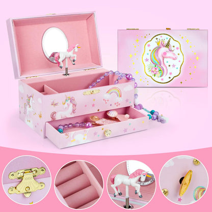 hombrima Music Jewellery Box with Drawer Necklace Bracelet, Musical Jewelry Storage Case with Spinning Ballerina Gift Set for Kids Girls Children Daughter (Pink Horse)
