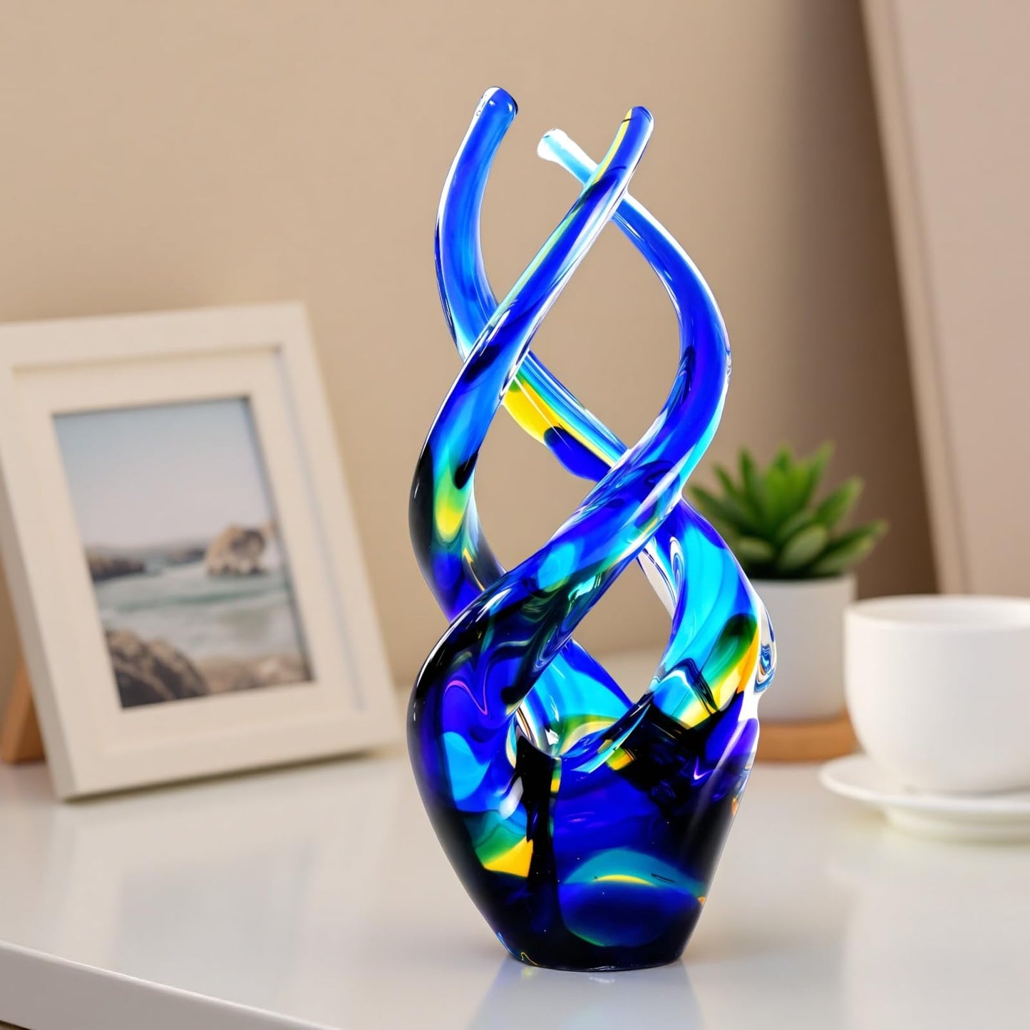 Mysphex Hand Blown Glass Decor - Cobalt Blue Glass Sculpture - Ocean Theme Spiral Kinetic Figurine, Light Reactive Gradient Decor for Home Office Garden, Ideal Gift for All Occasions