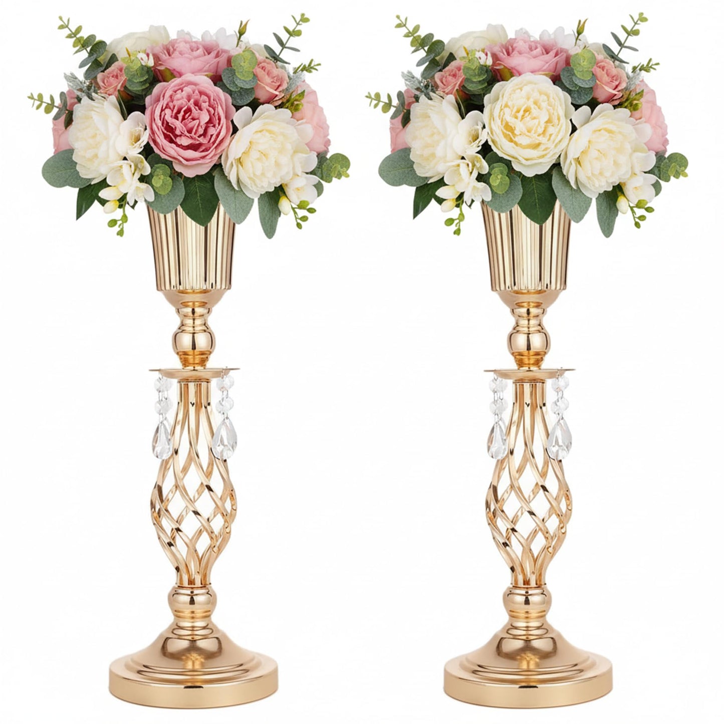 LoveCat Beaded Crystal Gold Vases: Set of 2 Elegant Metal Floral Vases, Trumpet Flower Holders for Table Centerpieces Wedding Banquets Birthdays Anniversaries Holiday Parties Events(20.2")