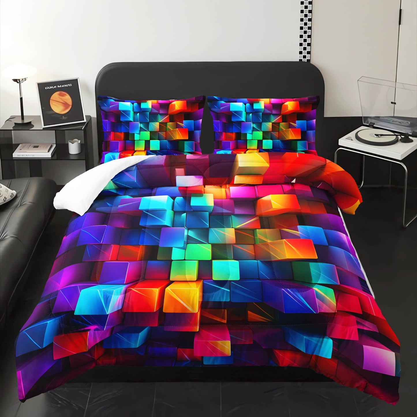 lneffble Colorful Checkered Comforter Set Queen，3D Checkered Chic Gingham Bedding Set Queen with 1 Comforter with 2 Pillow Case