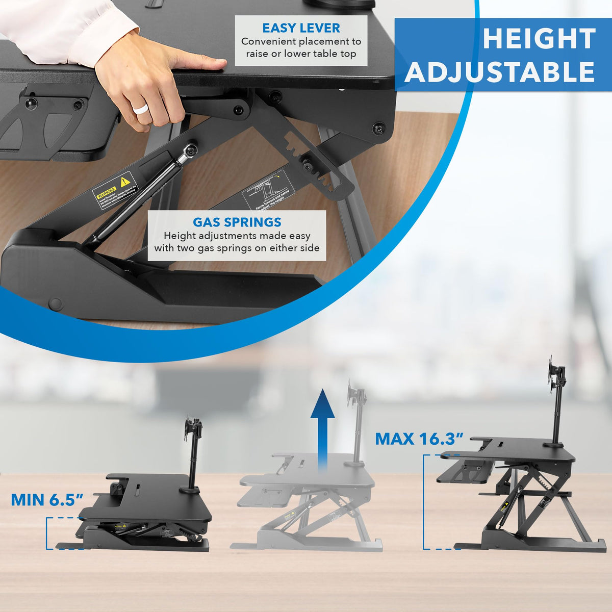 Mount-It! Standing Desk Converter Dual Monitor, 2 Screen Mounts Included, Height Adjustable Desk Riser in Black, Stand Up Desk Convertor Large 36" Wide, Sit Stand Convertor with Manual Lift Gas Spring