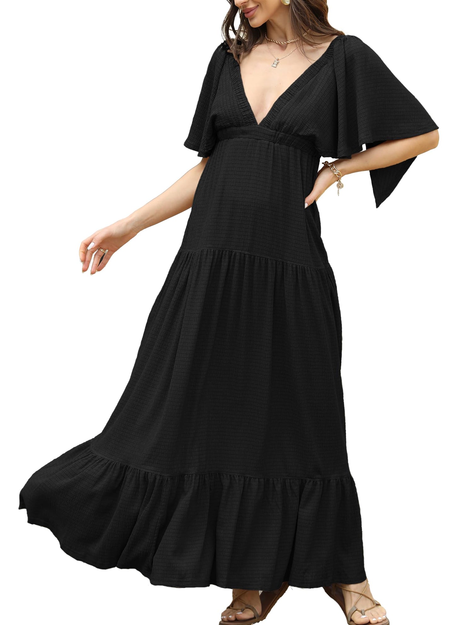 Kikibell Women Summer Dresses Sexy V-Neck Maxi Dress Tiered Silhouette with Flutter Sleeve Backless Elastic Waist Flowy Dress