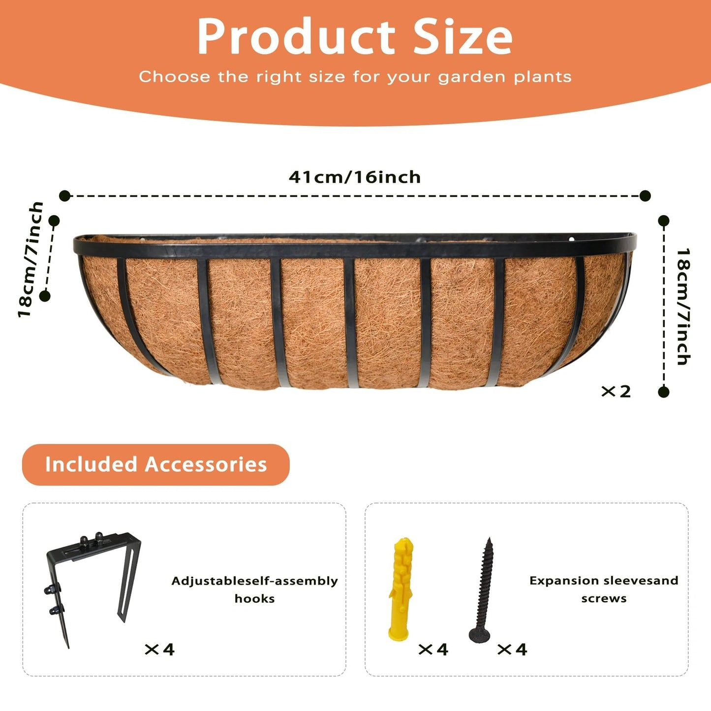 ZVOWOS 2 Pack 16" Railing Planter Window Box with Coco Fiber Liner Horse Trough Planter The Railing Planter Boxes for Deck Porch Fence Outdoor