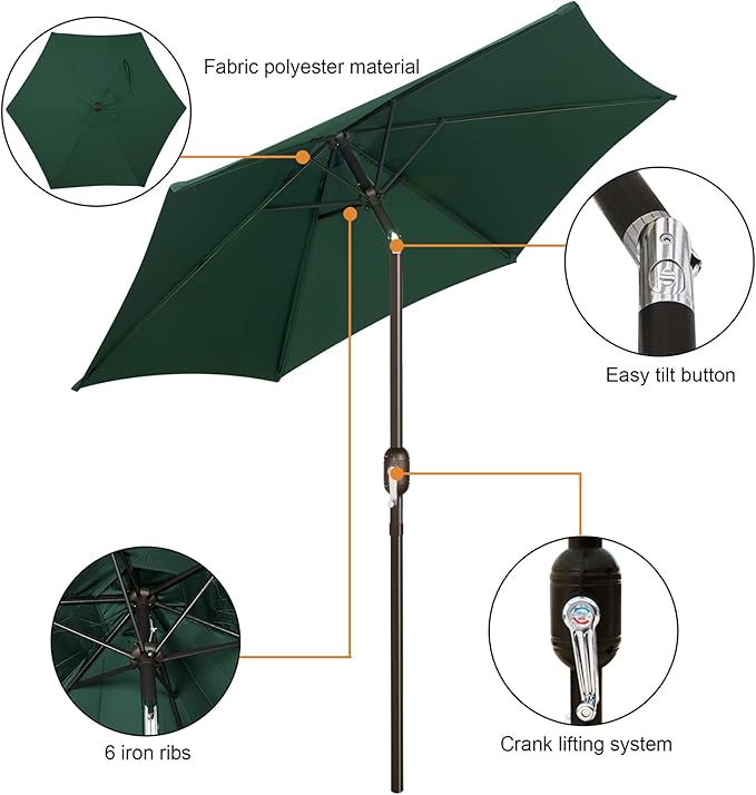 Blissun 7.5 ft Patio Umbrella, Yard Umbrella, Outdoor Market Umbrella with Push Button Tilt Crank, Dark Green
