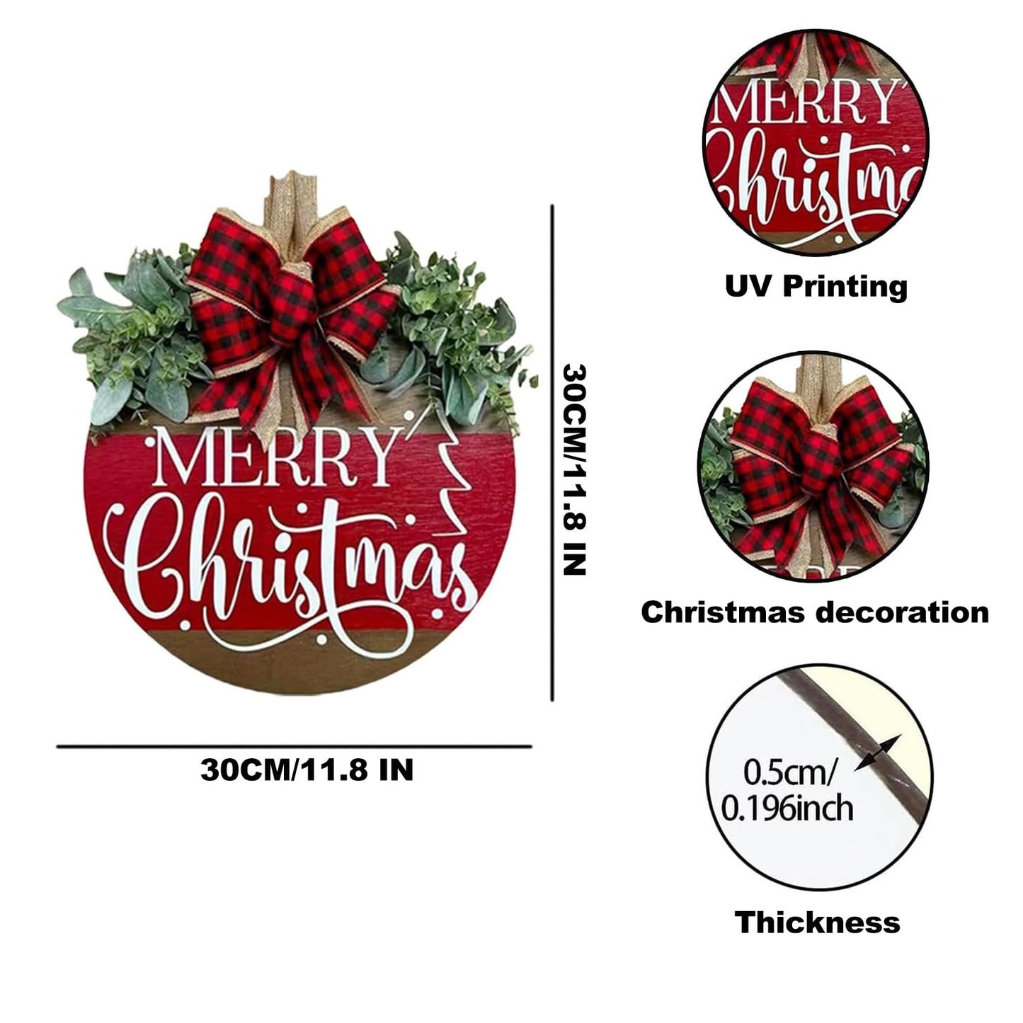 Merry Christmas Wreath Hanging Sign for Front Door, Wooden Welcome Wreaths Sign with Bow for Holiday Rustic Farmhouse Outdoor Wall Window Decor (Merry Christmas)