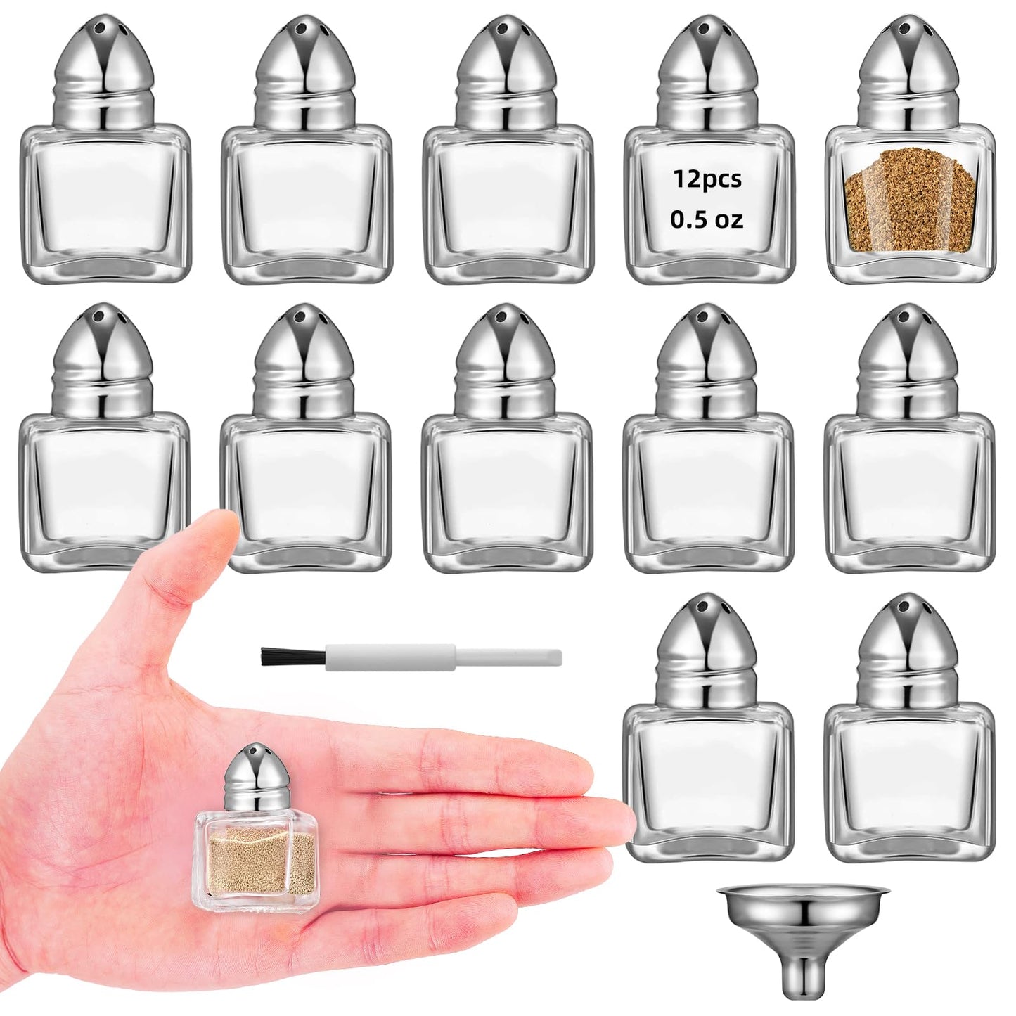 Pack of 12 0.5 oz Cube Shape Small Salt and Pepper Shakers with Tone Tops Clear Mini Glass Seasoning Jars Spice Salt Shakers with Funnel for Restaurant Home Kitchen (Silver Lids)