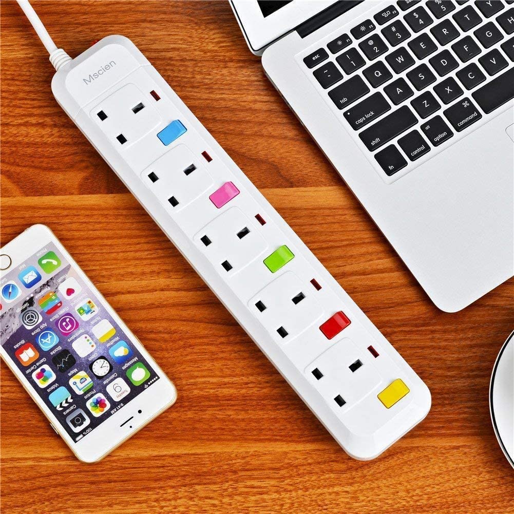 5M Extension Lead 5 Way Individually Switched,Mscien Surge Protected Extension Cord with 5 Meter Long Cable-White/Random Switch Color