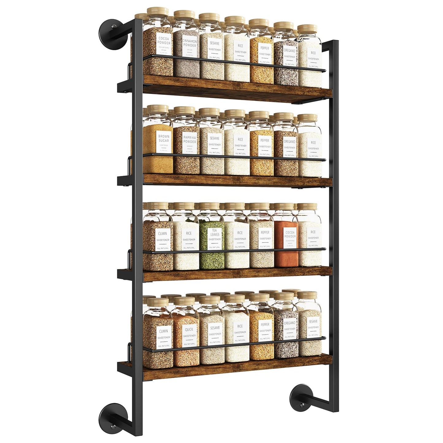 IBUYKE Spice Rack Wall Mount,4 Tier Hanging Seasoning Organizer,Large Spice Rack for Wall for up to 50 Jars,Spice Organization for Kitchen Cabinet,Bathroom,Pantry,Living Room,Brown TLJ016H