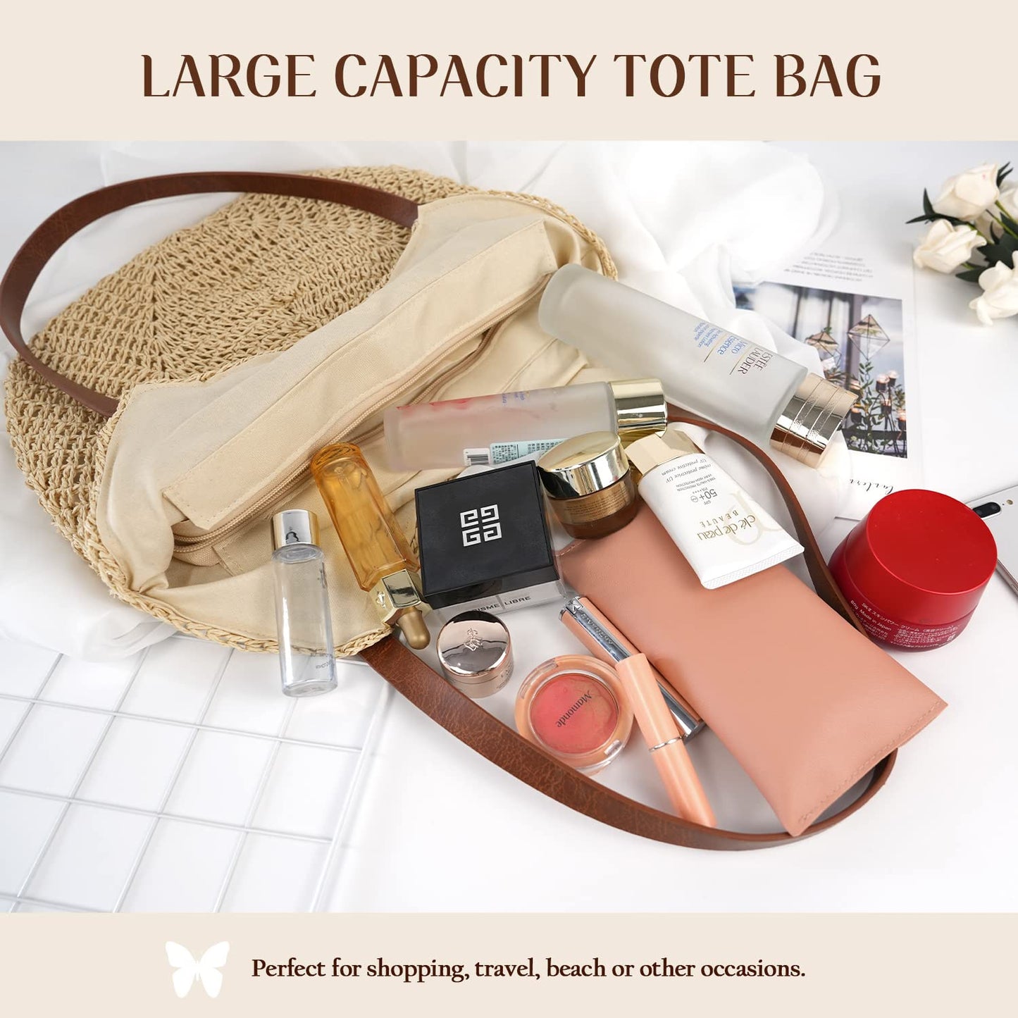 Straw Beach Bag for Women Large Straw Tote Bag with Zipper Summer Woven Bag Travel Straw Shoulder Bags for Vocation