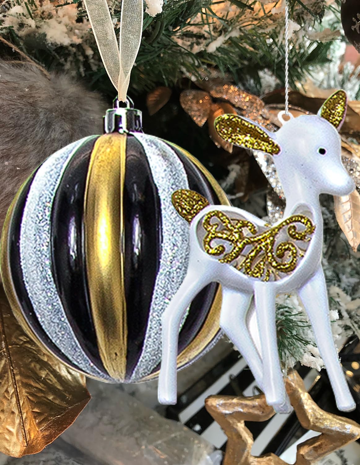 59 Pcs Black White Gold Christmas Ornaments Set, Reindeer Hanging Ornaments