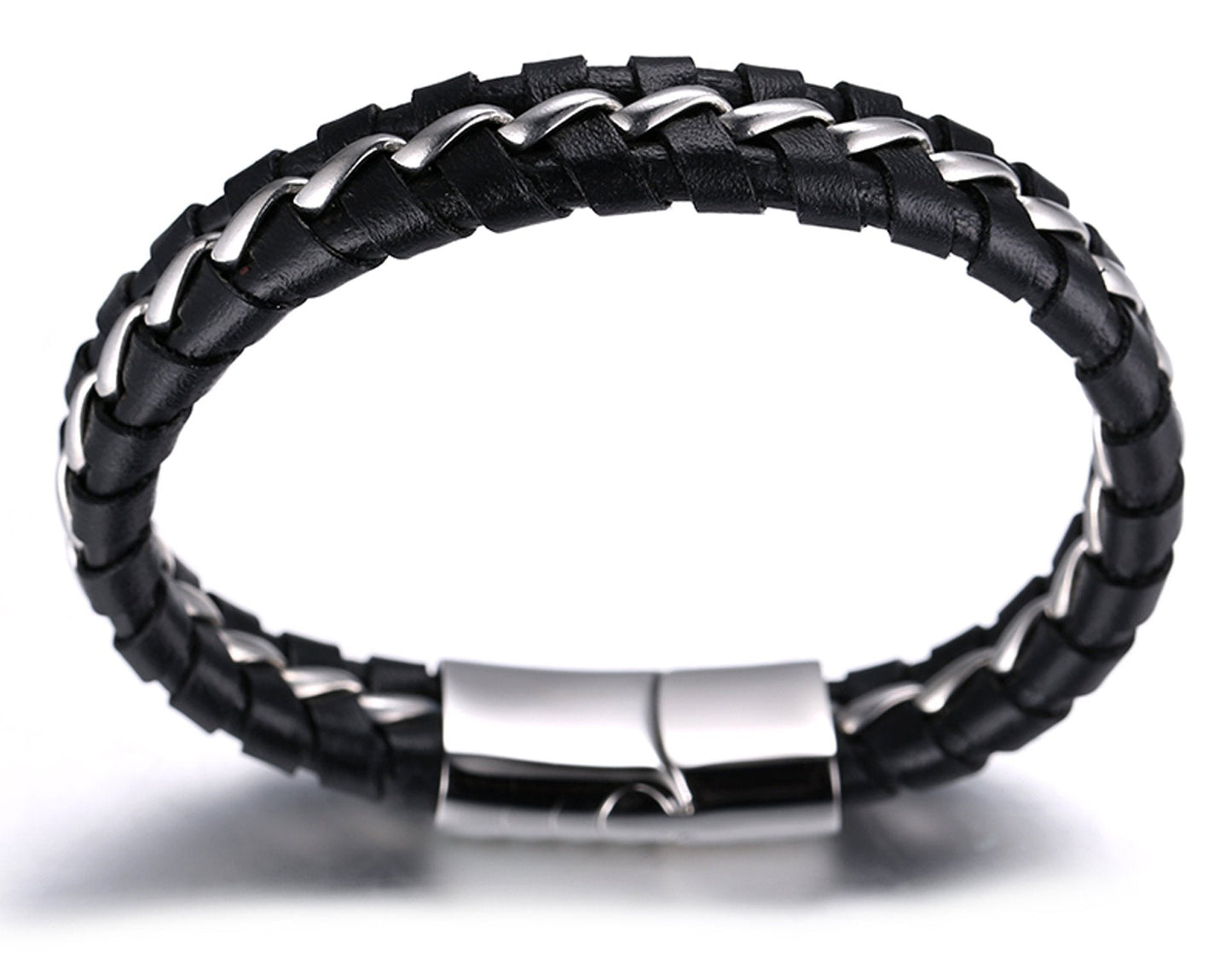 HALUKAKAH Kids ● Solo Junior ● Boy's Genuine Leather Bracelet Black 6-12 Y/O. Titanium Silver Chain Magnetic Clasp 7"/18cm with Free Giftbox