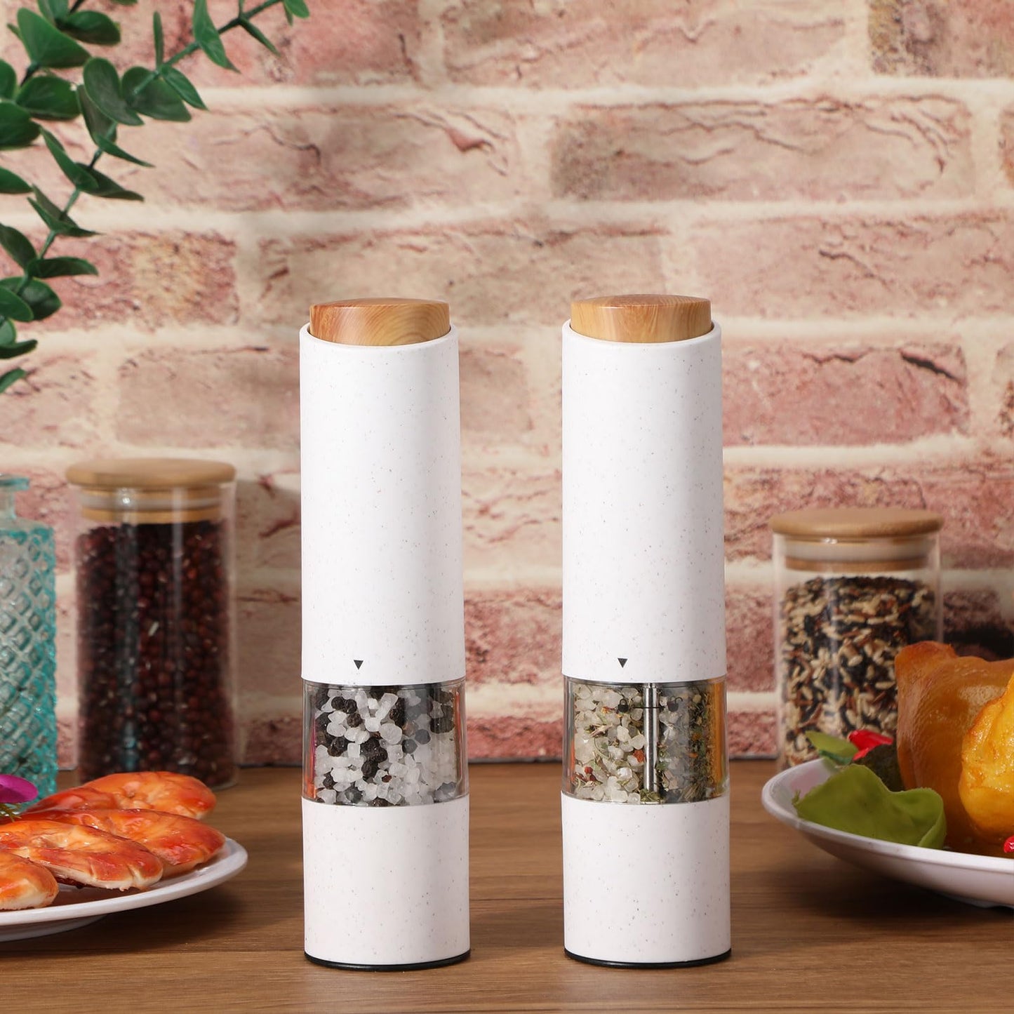 Threlaco Electric Salt and Pepper Grinder Set with 1 Portable Spill Proof Base 2 Packs Battery Operated Salt Pepper shakers with Adjustable Coarseness Light Wheat Straw Grinder for Kitchen(White)