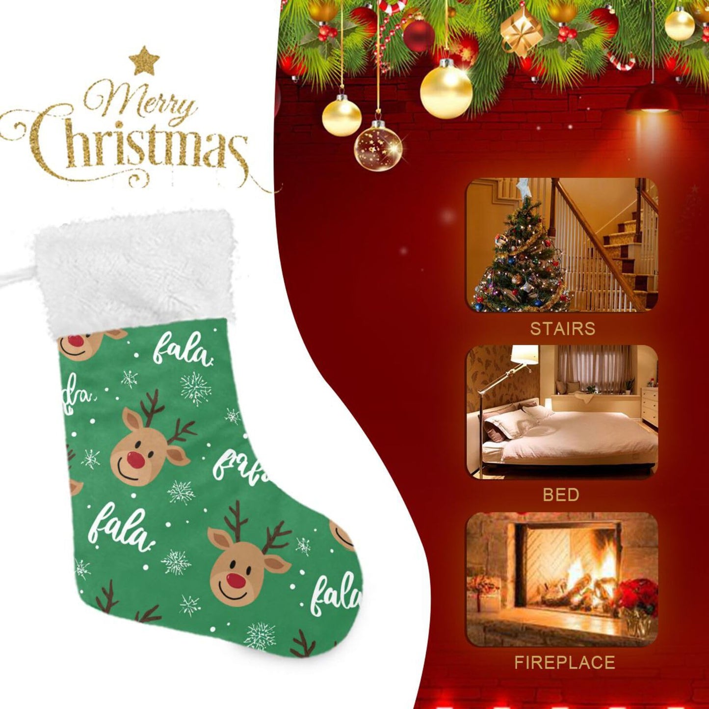 Christmas Reindeer Head Christmas Stockings Xmas Stocking Large Candy Fireplace Hanging Socks 1 Pcs Xmas Decor Holiday Family Party 12 x18 Inch
