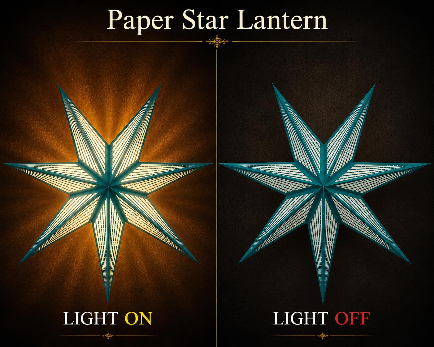 GalaxyArts 7-Point Paper Star Lantern - Striped Cutout Hanging Light Decoration - Foldable Star Lamp Shade for Home, Party, Christmas, Wedding Décor - Indoor/Outdoor Hanging Star(Turquoise)