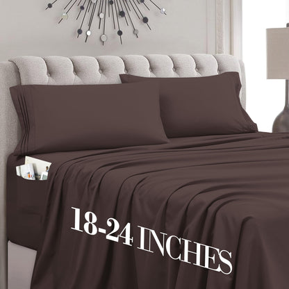 Mocassi Full Size 4-Piece Bed Sheet Set - 1800 Premium Hotel Quality Microfiber 18-24 Inches Extra Deep Pocket Fitted Sheet- Luxury Soft, Breathable, Wrinkle, and Fade Resistant, Brown